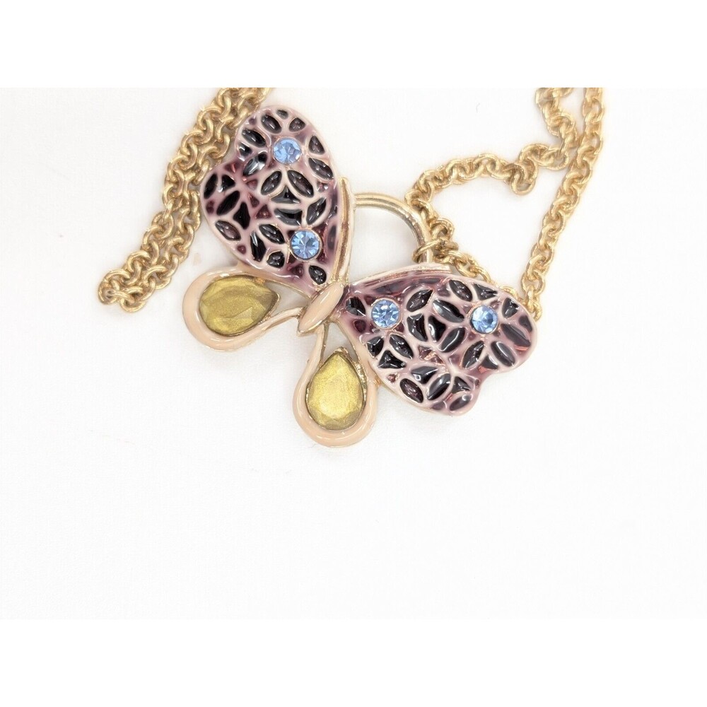 Signed Filigree Gold Tone Rhinestone Enamel Butterfly Statement Pendant Necklace